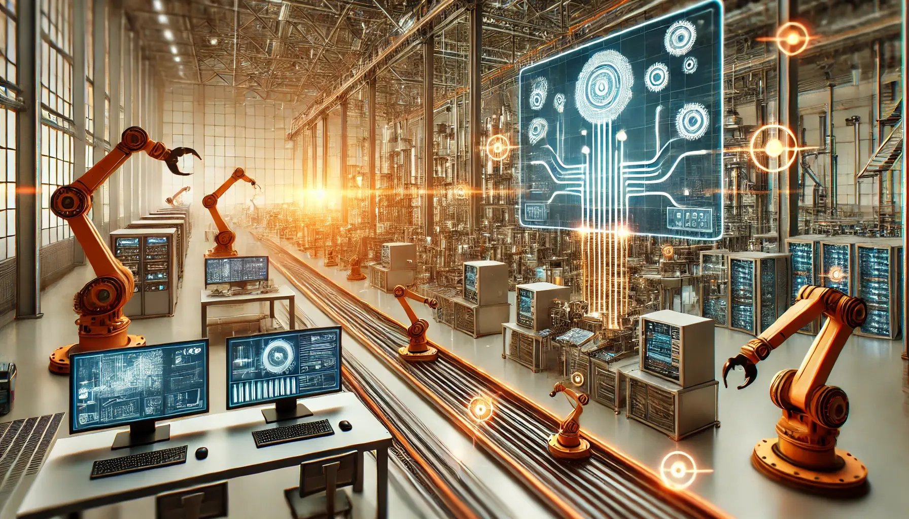 A futuristic manufacturing facility illustrating enterprise-scale workflow processing. The image features an advanced automated production line with i