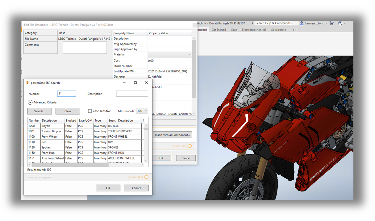 powergate can search for erp items as raw materials within inventor