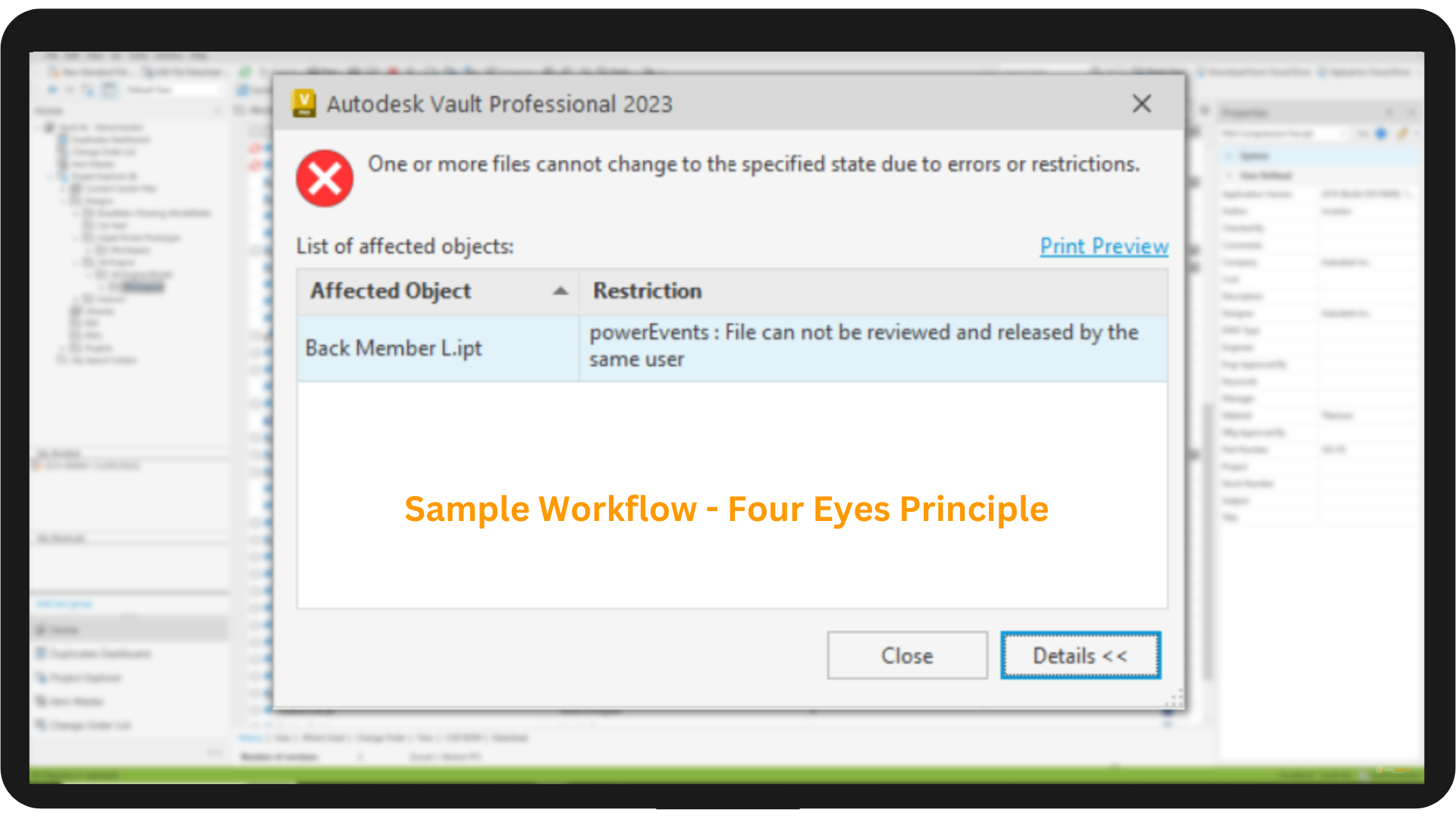 four eyes principle check in autodesk vault by powerjobs