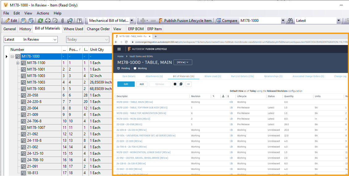 Standard workflow automates BOM transfer to Fusion Manage, supporting diverse item types and properties with simple mapping and detailed settings.